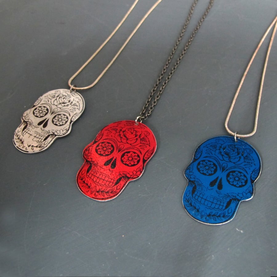 Aluminium Day of the Dead Sugar Skull Pendant - Red, Blue or Silver