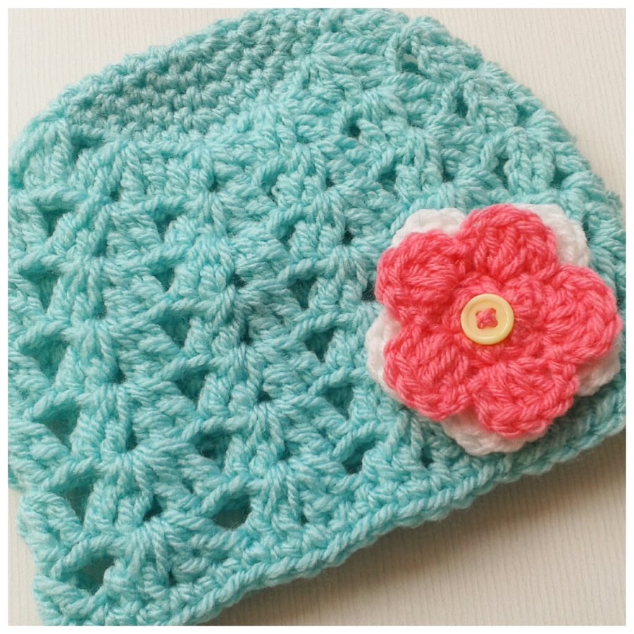 Baby girl pastel green summer flower hat!  Great gift or photo prop!