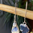 Sea ceramic dangle earrings with sterling silver claw settings, one of a kind