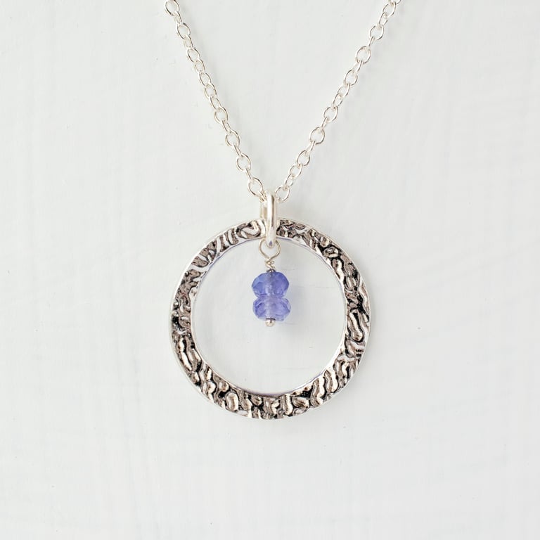 Tanzanite with Fine Silver Large Circle Pendant Necklace