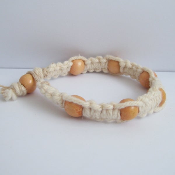 Macrame bracelet made with soft cream cotton twine and cream wooden beads 17cm