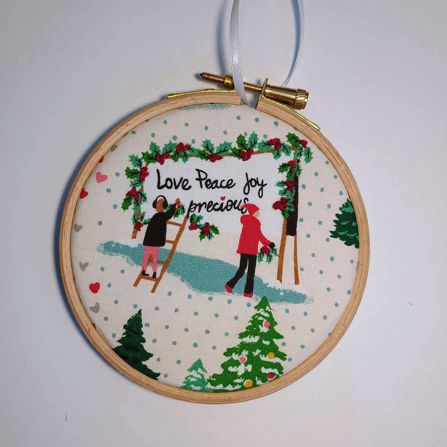 Holly Christmas decoration - fabric picture hoop art 