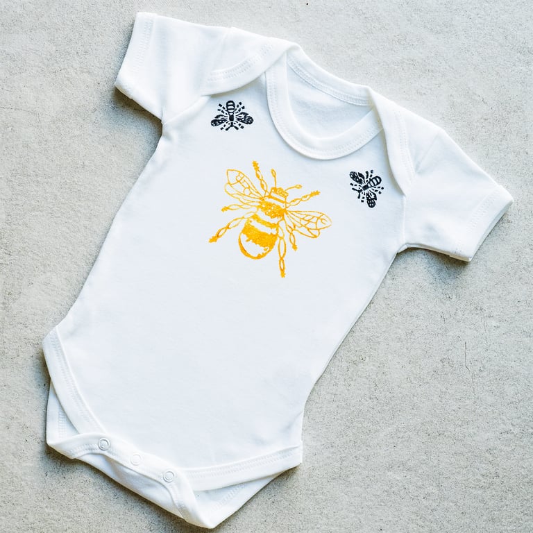 hand printed bees Babygro Babygrow Sleepsuit Romper Onesie baby shower gift     