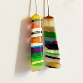 Layered dangle earrings. Handcarved multicoloured resin earrings