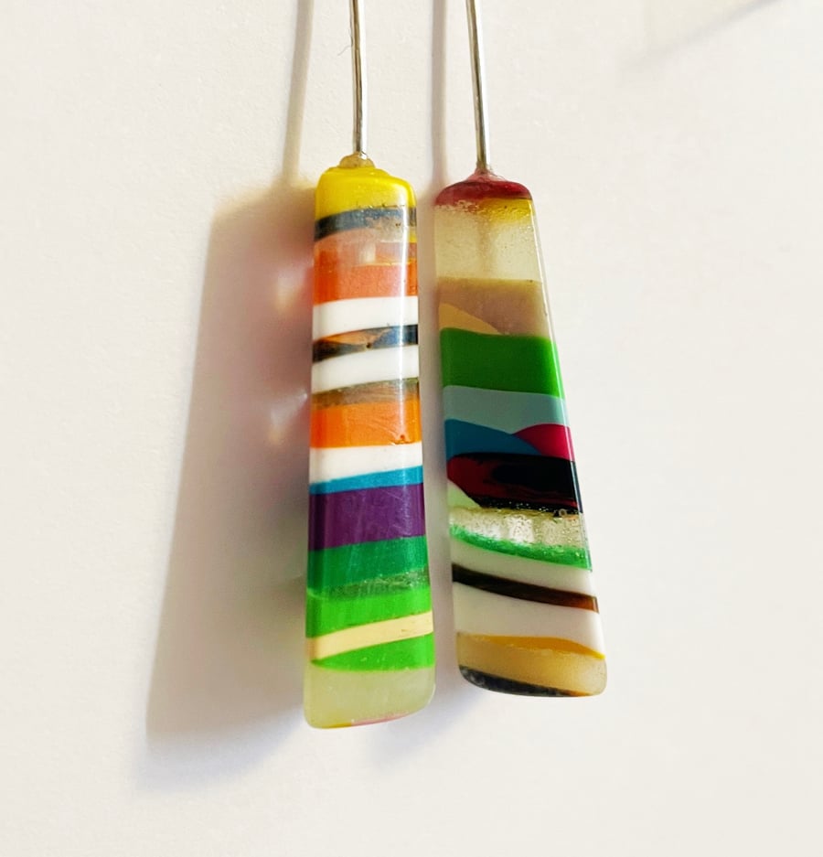 Layered dangle earrings. Handcarved multicoloured resin earrings