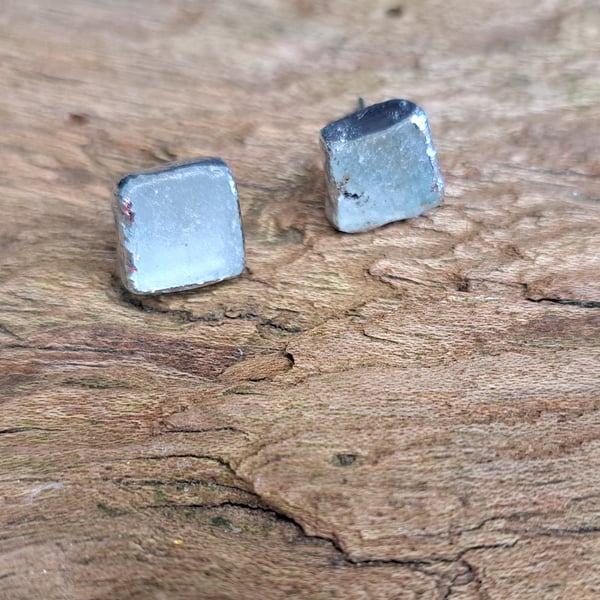 Earrings, Clear Sea Glass, Stud Earrings, Small Square, Silver Leaf