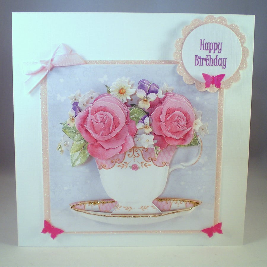 Handmade Teacup of Flowers Birthday Card,Decoupage,3D, Personalise