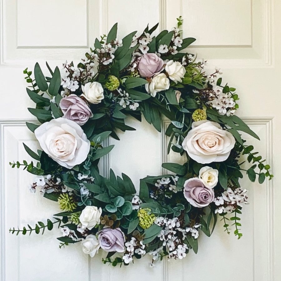 Handmade Cream & Lavender Door Wreath - Floral Door Wreath - Year Round