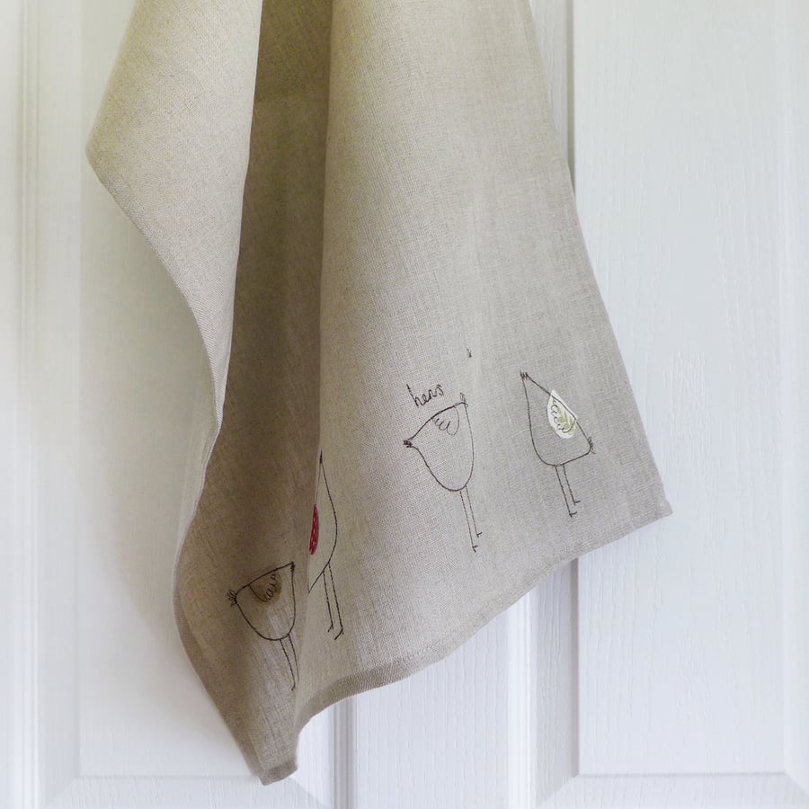 Embroidered Linen Hens Tea Towel