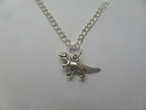 t rex dinosaur pendant necklace silver plated 18" curb chain
