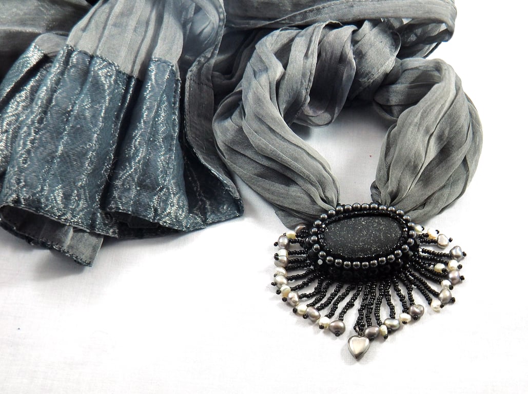 Black Sea Glass Necklace on an Upcycled Scarf