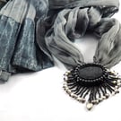 Black Sea Glass Necklace on an Upcycled Scarf