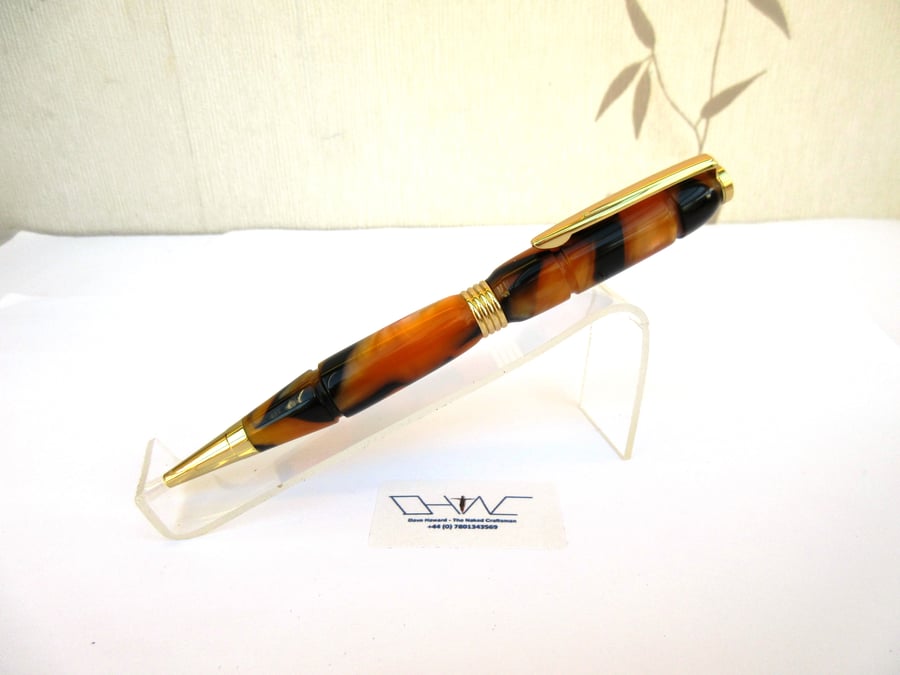 Hand Made Orange Tiger Acrylic Ball Point Pen with A Velvet Pouch