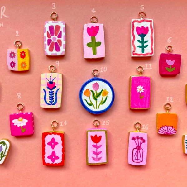 Tiny Clay Charm, Pendant, Hand Painted, Flower (Individual)
