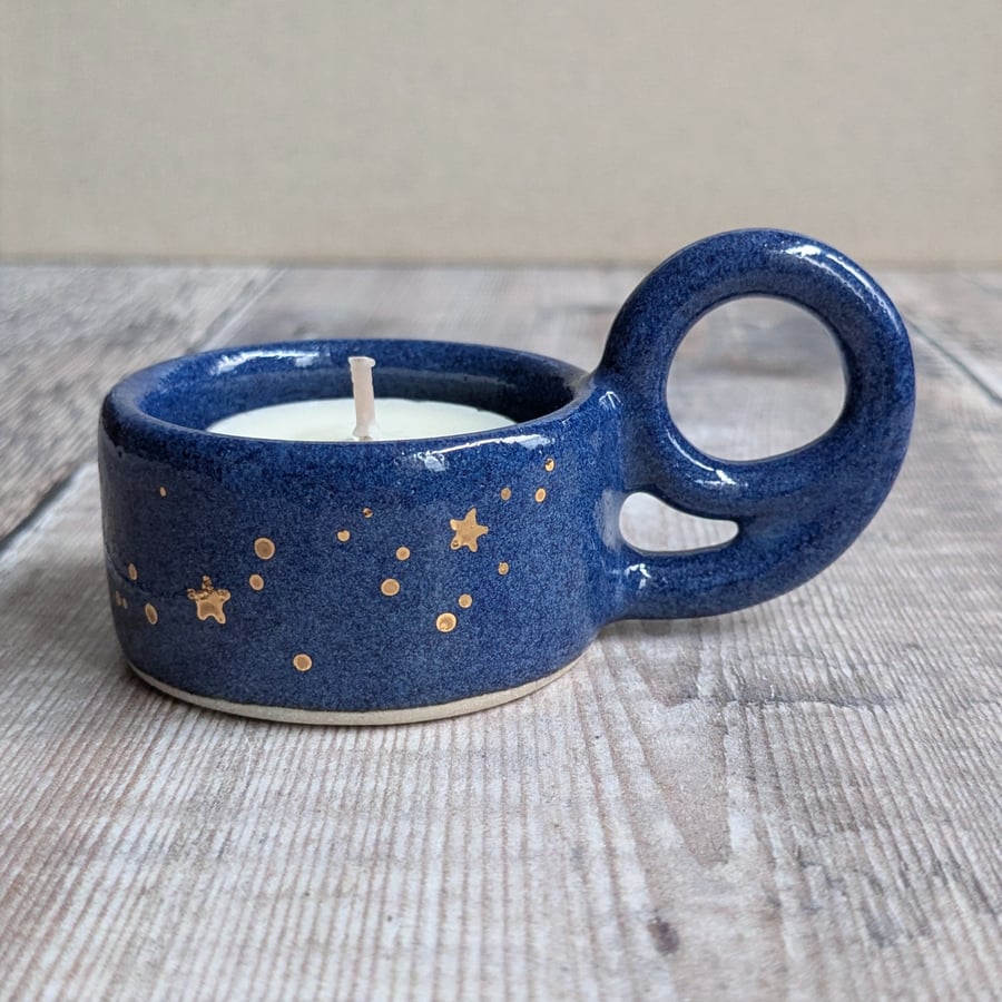 Perfectly Imperfect Mid blue ceramic tealight holder with gold stars