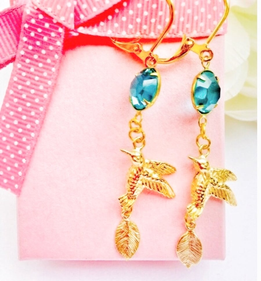 FREE P&P Gold bird, leaf and blue vintage glass earrings.