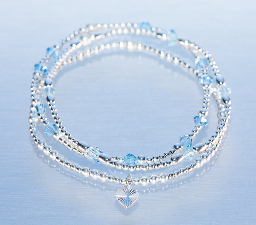 Stacking bracelets sterling silver with light blue swarovski beads