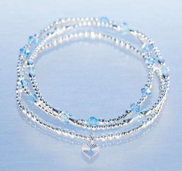 Stacking bracelets sterling silver with light blue swarovski beads