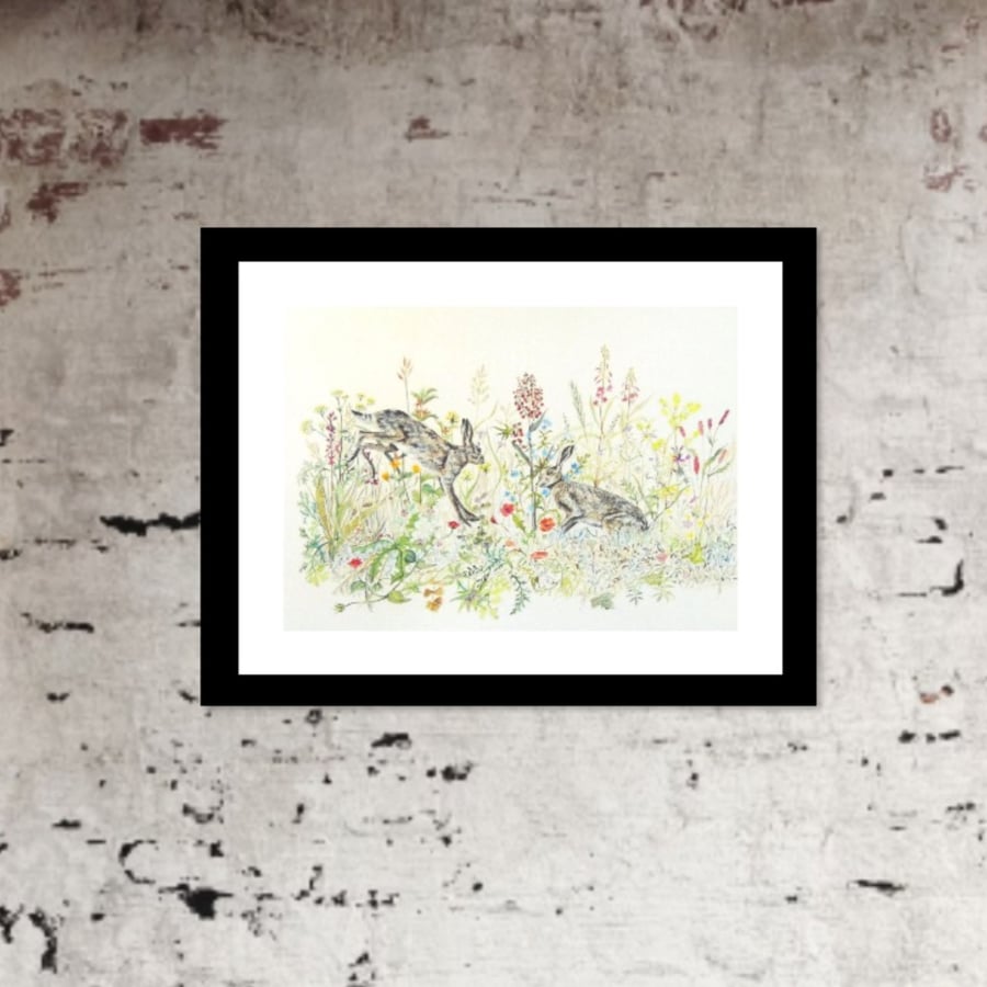 Hare & Wild Flowers Print from Original Watercolour Painting Bespoke Home Decor