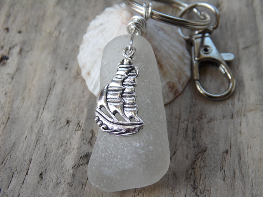 Chunky White Cornish Sea Glass with Sailing Ship Charm Keyring Bag Charm K746