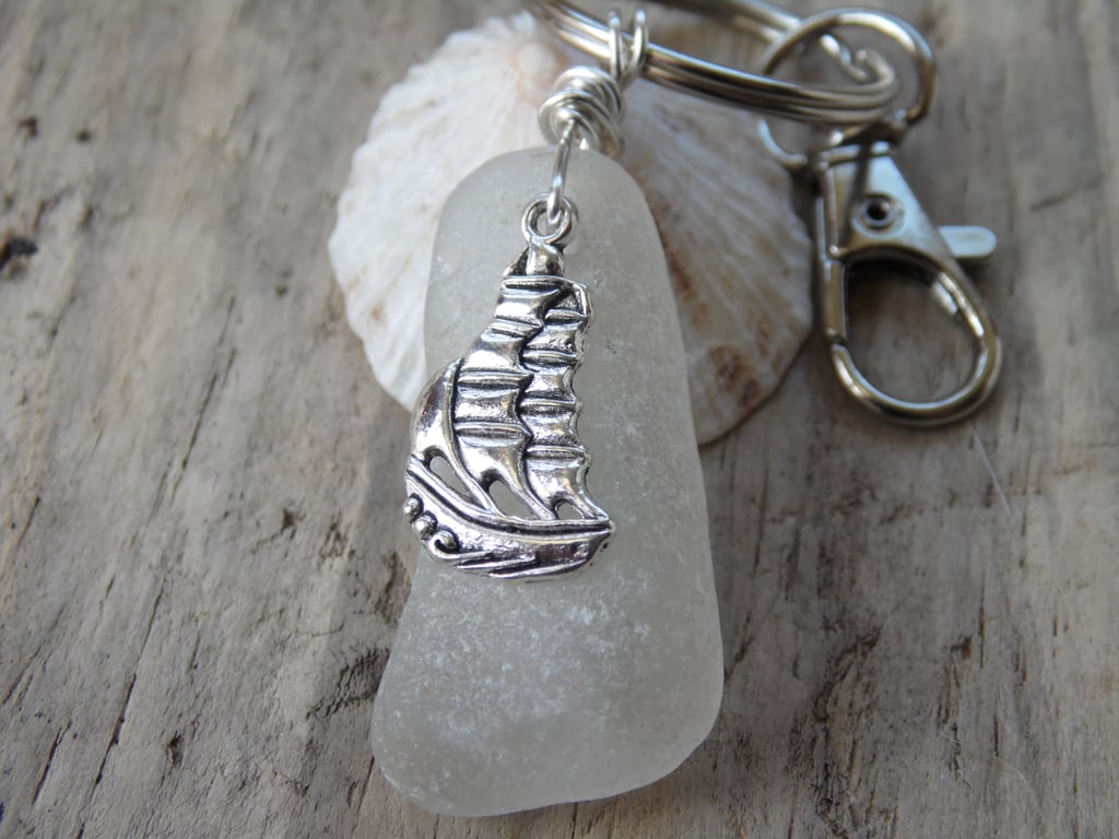 Chunky White Cornish Sea Glass with Sailing Ship Charm Keyring Bag Charm K746