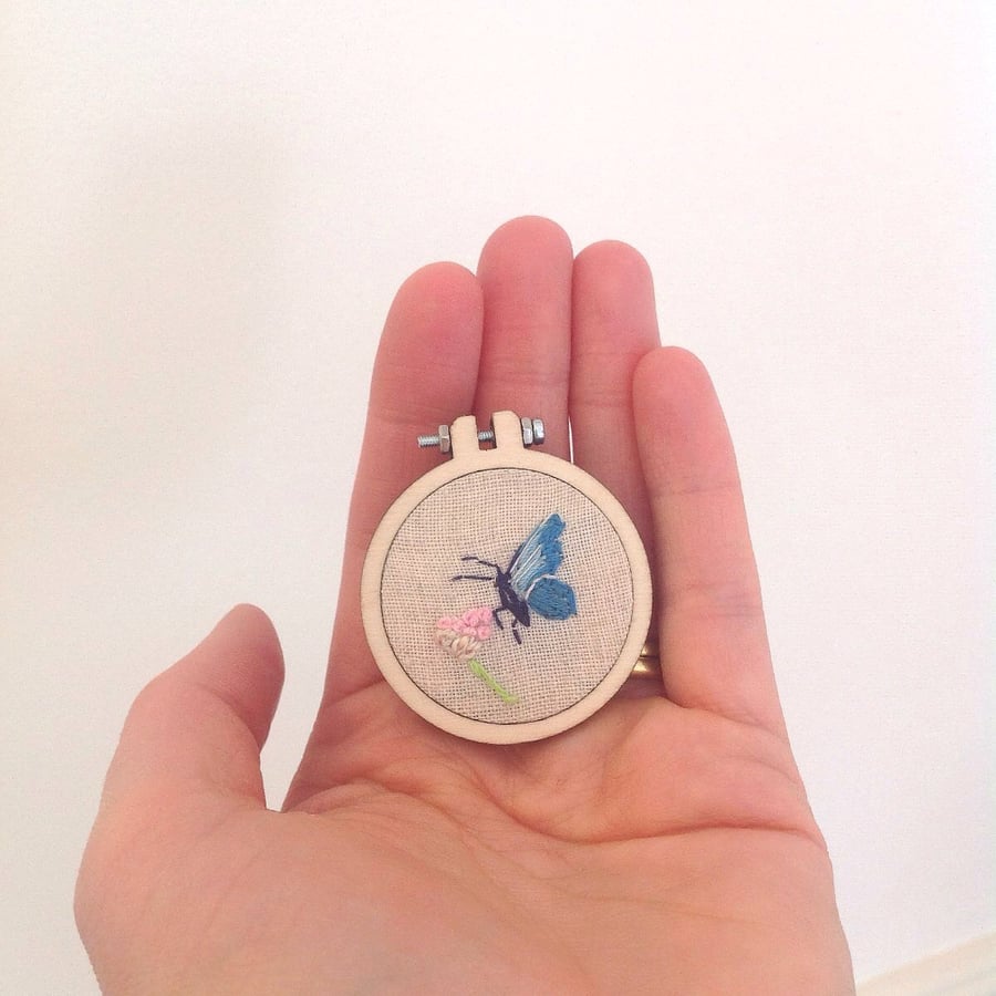 Hand Embroidered Butterfly Mini Hoop Brooch