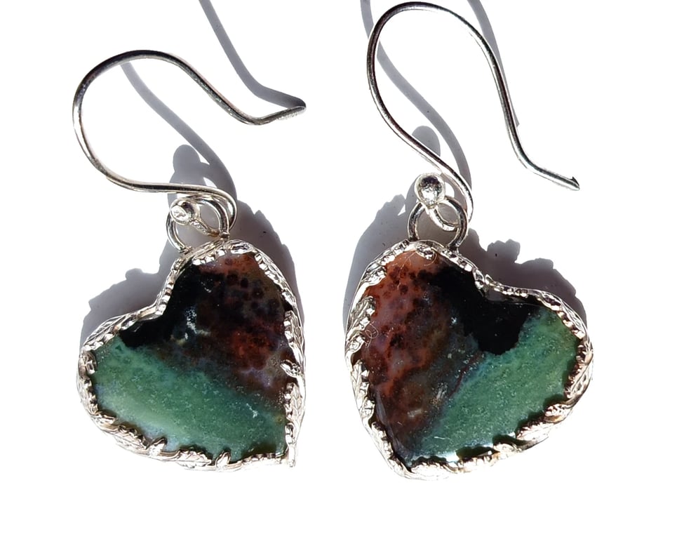 Blue Opalized Petrified Wood Heart Earrings Wrapped in Sterling Silver Leaves