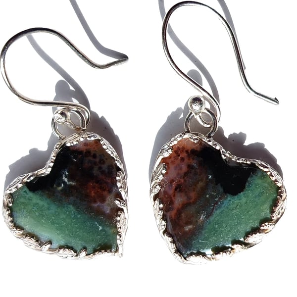 Blue Opalized Petrified Wood Heart Earrings Wrapped in Sterling Silver Leaves