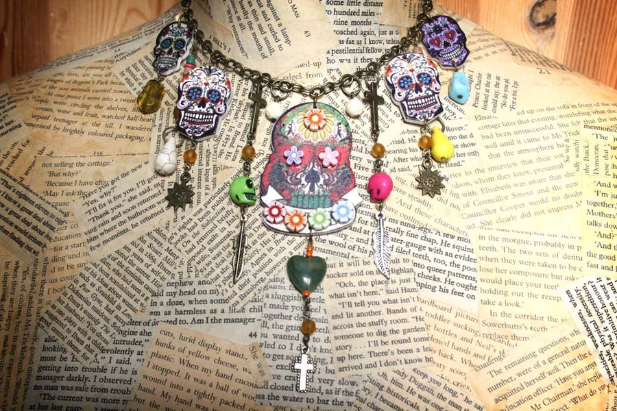 Day of the Dead Sugar Skull Flower Neckmess Statement Necklace