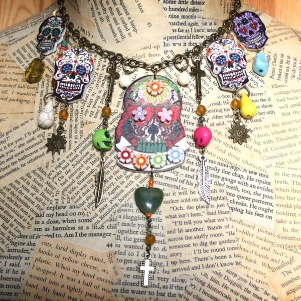 Day of the Dead Sugar Skull Flower Neckmess Statement Necklace