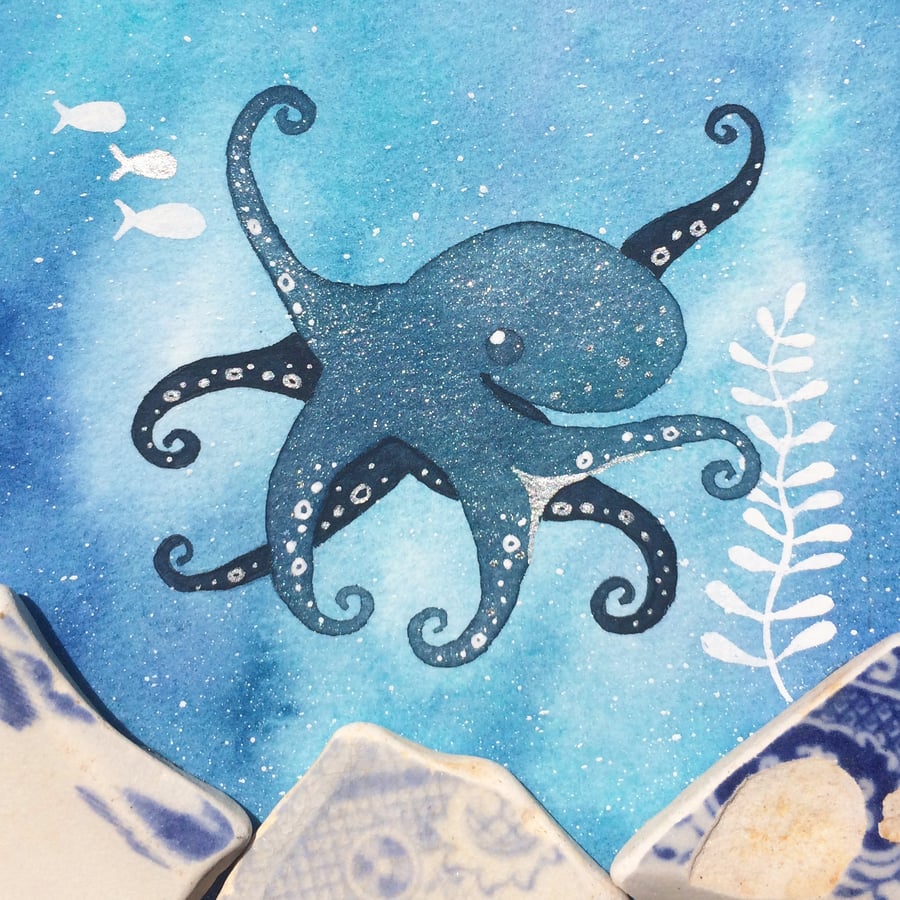 Octopus - Underwater Sea Painting - Original Framed Watercolour & Beach Pottery