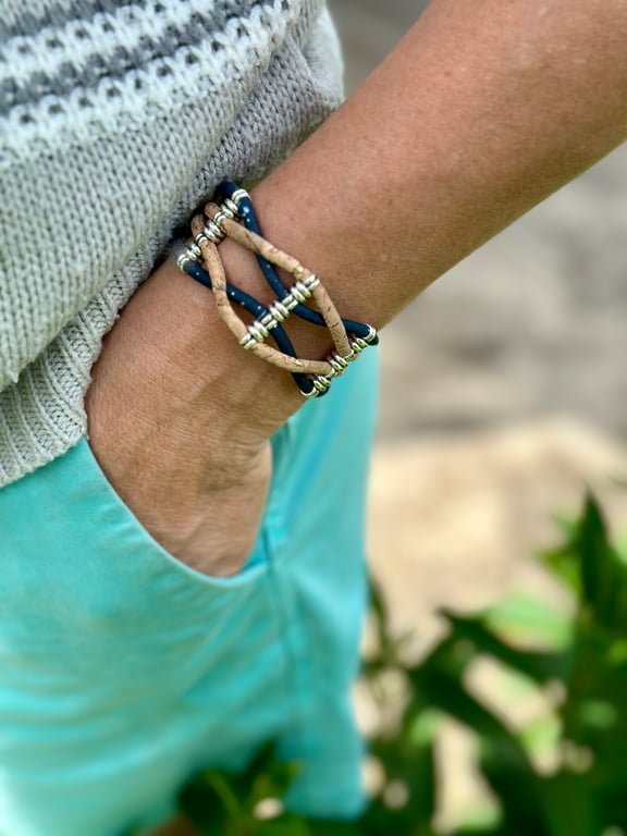 Natural Cork 'Leather' Crossover Bracelet - Navy Natural