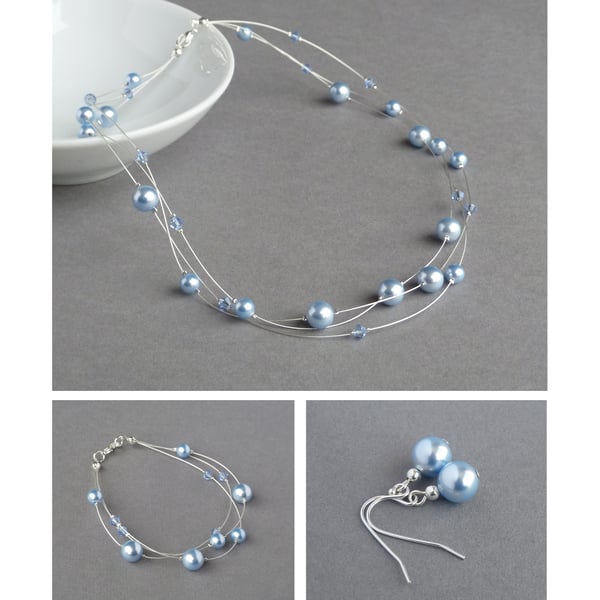 Powder Blue Floating Pearl Jewellery Set - Necklace, Bracelet and Drop Earrings