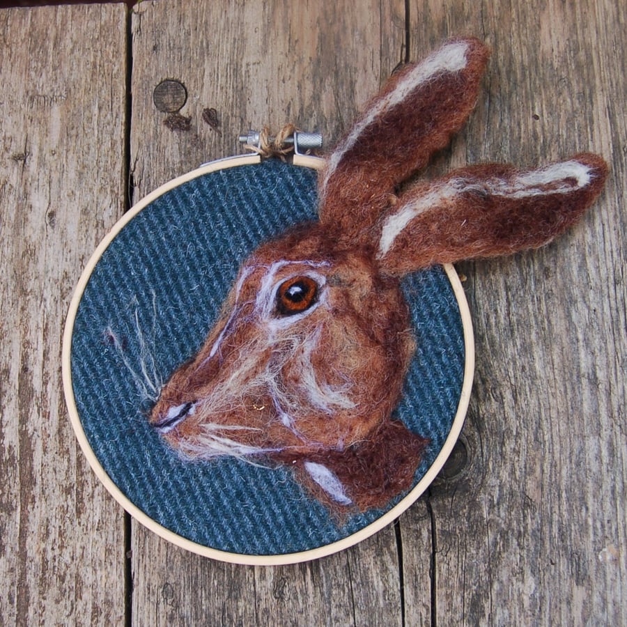 Hare portrait, wool art picture, wool fabric, needle felt