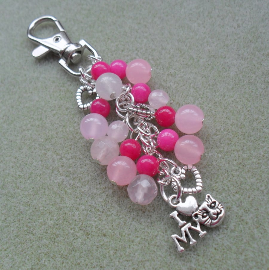 SALE NOW 3 POUNDS Cat Bag Charm Silver Tone With Heart Charms