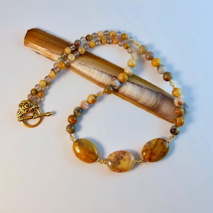 Lace Agate Necklace With Golden Quartz - Handmade Gift, Birthday, Anniversary