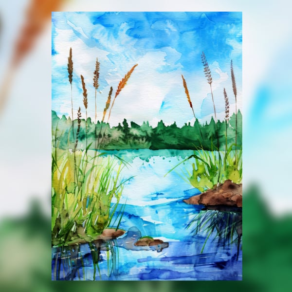 Tranquil Lake with Reeds, Watercolor Painting Print 5"x7" on Matte Paper