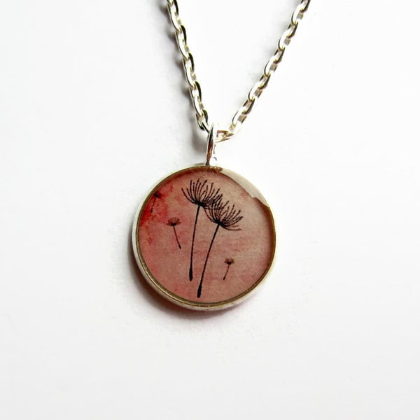 Small Pink Dandelion Necklace, Dandelion Seeds Picture Pendant, 18mm