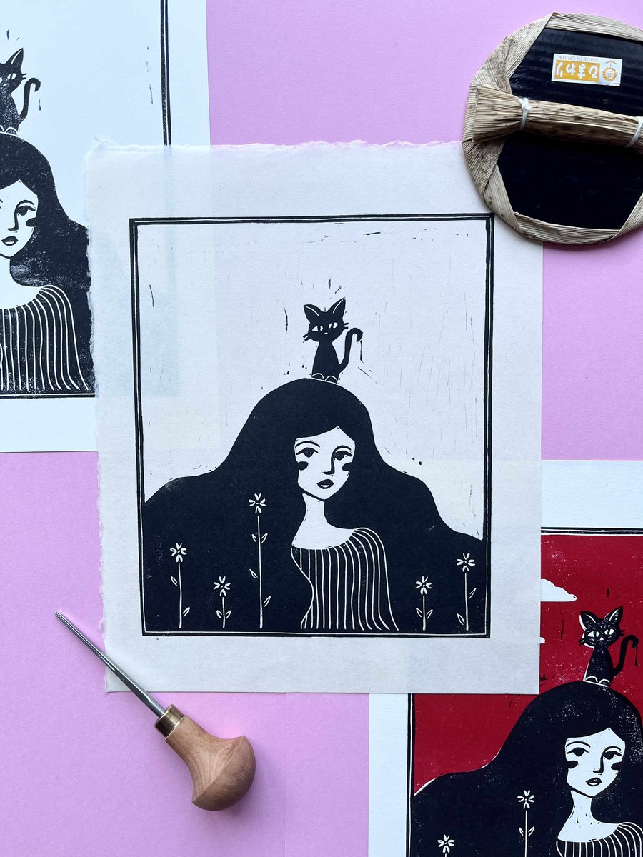 Cat Lady - original linocut print, whimsical cosy wall art