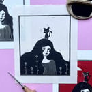 Cat Lady - original linocut print, whimsical cosy wall art