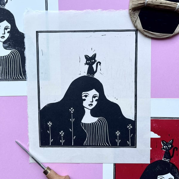 Cat Lady - original linocut print, whimsical cosy wall art
