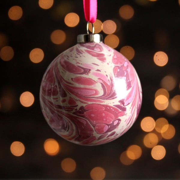 Pink and red Christmas marbled pottery bauble second