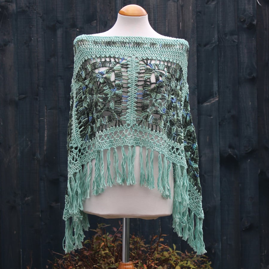 Blue-green Crochet Poncho - Design A452