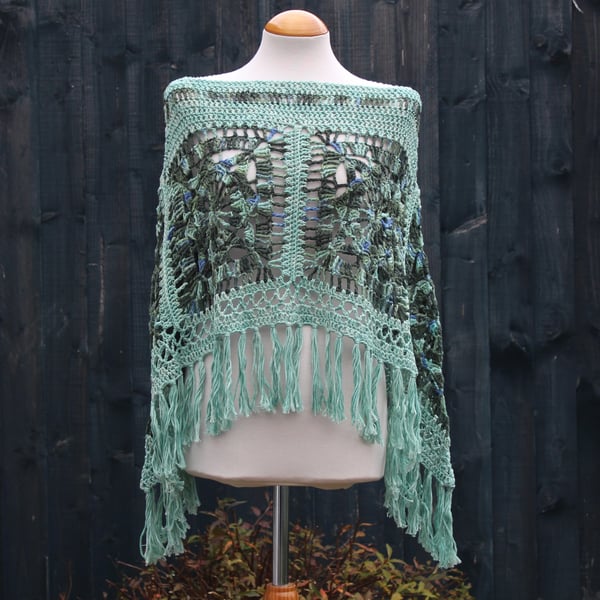 Blue-green Crochet Poncho - Design A452