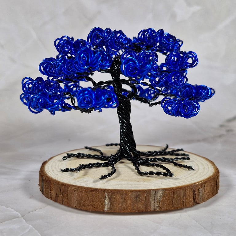 Small Wire Tree with Blue Foliage on a Wooden Base