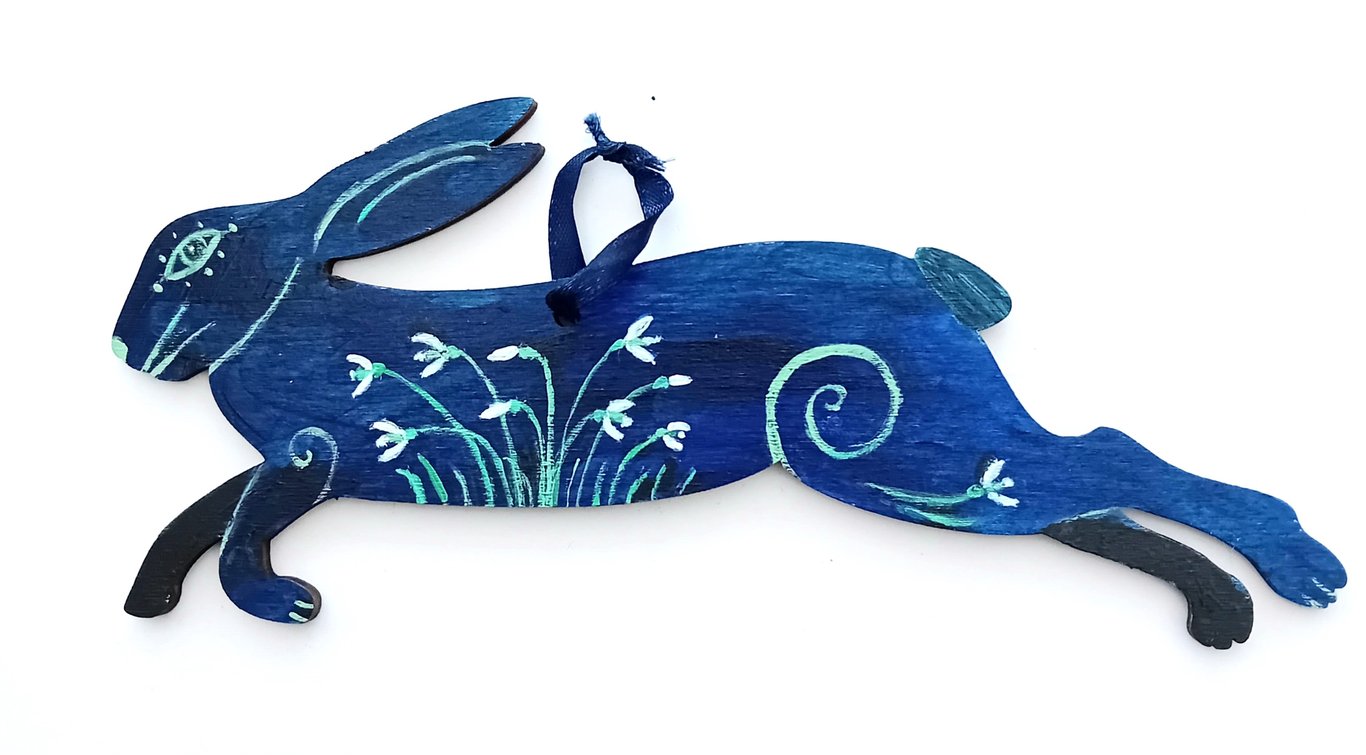  Gorgeous snowdrop hare on a wooden  shape hand painted