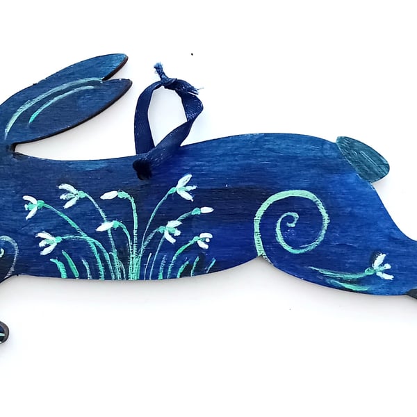  Gorgeous snowdrop hare on a wooden  shape hand painted