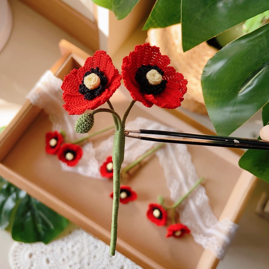 Micro Crochet Poppy Brooch