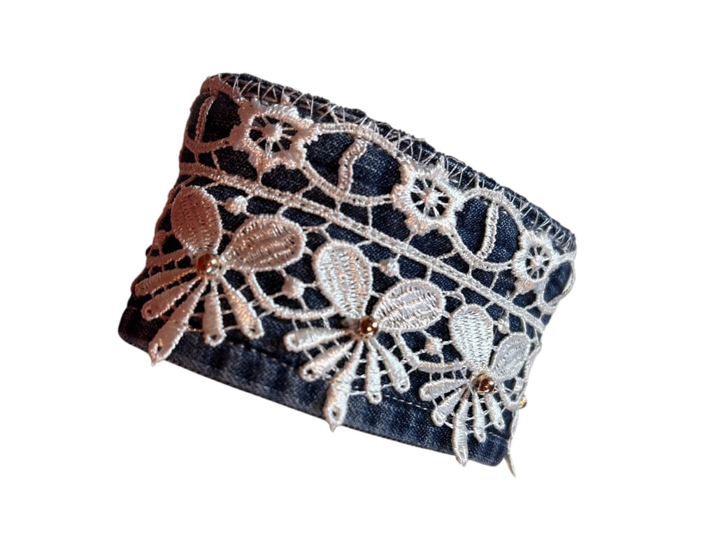 One of a Kind Upcycled Denim Cuff Bracelet with Lace and Faux Gold Beads 