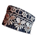 One of a Kind Upcycled Denim Cuff Bracelet with Lace and Faux Gold Beads 